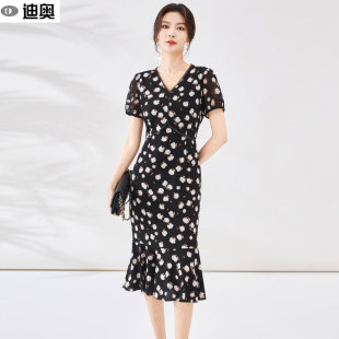 短袖 复古印花气质A字中长裙时尚 裙子 法式 迪奥碎花连衣裙女25夏季