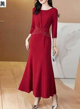 迪奥高级感红色连衣裙女26春秋款七分袖收腰鱼尾裙高端过年红裙子