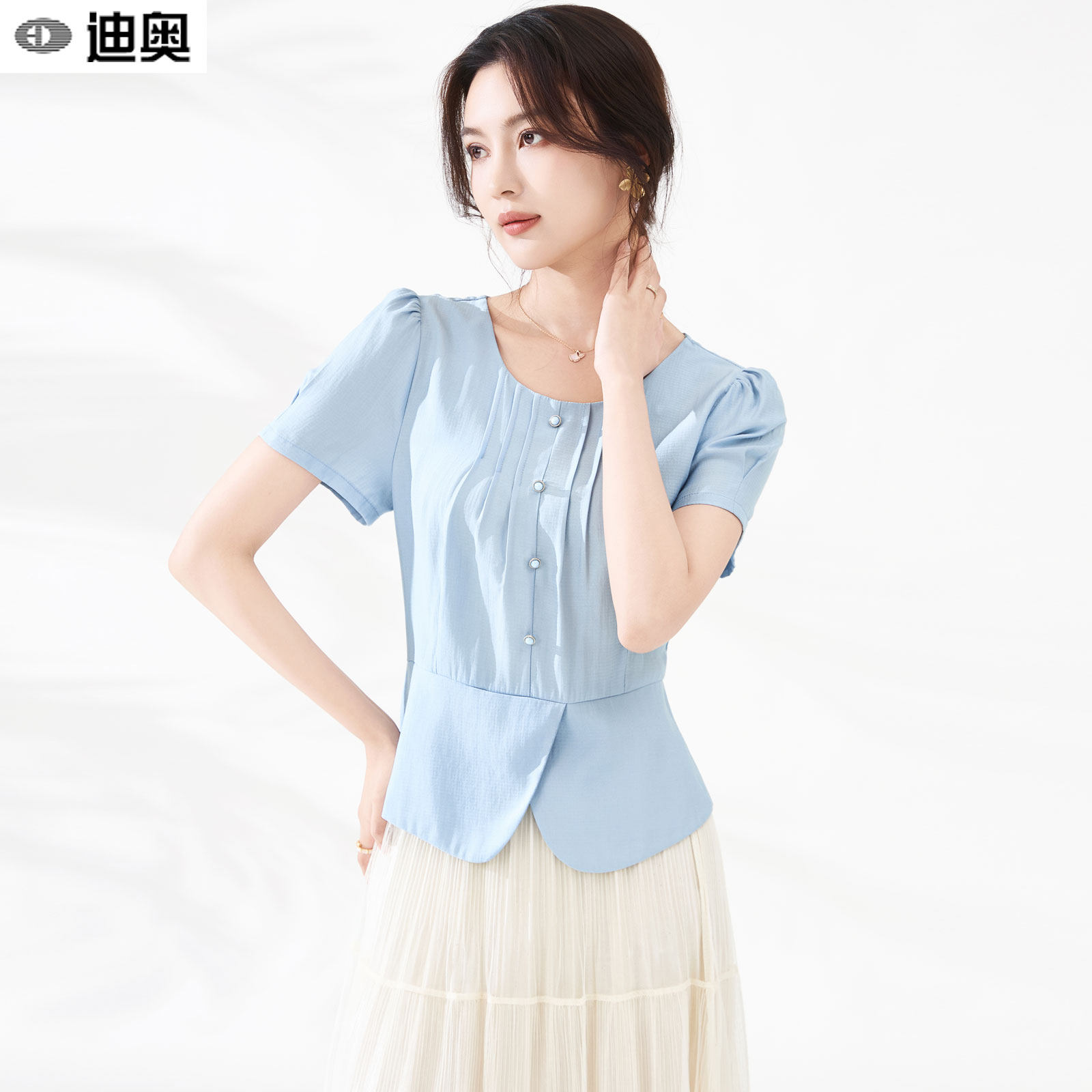 迪奥气质短袖衬衫女夏26新款时尚简约压褶减龄百搭衬衣女T恤上衣