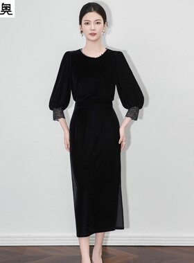 迪奥女神范轻奢高级钉珠领蕾丝拼接丝绒收腰修身连衣裙26早秋新款