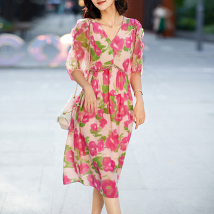 迪奥桑蚕丝印花连衣裙女夏2026新款 优雅浪漫真丝裙氛围感裙子 法式