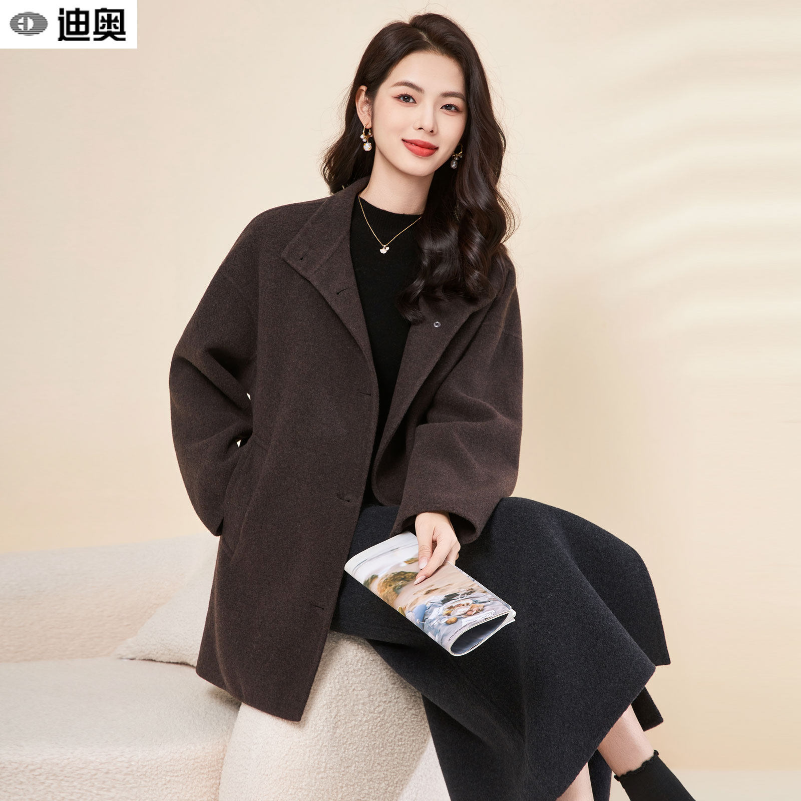 迪奥高端羊绒双面毛呢外套女25秋冬新款复古咖色宽松显瘦羊毛大衣,女装/女士精品,毛呢外套,淘宝优惠券,粉丝福利购,淘宝优惠卷