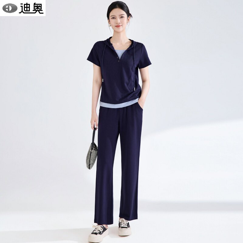 迪奥时尚休闲套装女夏2026新款气质短袖+直筒休闲裤高级感两件套