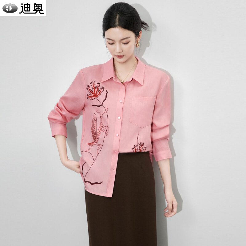 迪奥轻奢时尚名媛刺绣衬衫天丝亚麻长袖上衣26春秋休闲宽松打底衫