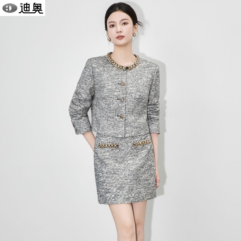 迪奥高端时尚小香风钉钻短款外套+半身裙女25巨好看的早秋两件套,女装/女士精品,时尚套装,淘宝优惠券,粉丝福利购,淘宝优惠卷