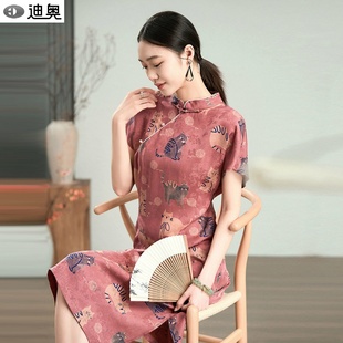 迪奥重锻红云纱26姆米真丝旗袍2026夏季新中式桑蚕丝发财喵连衣裙