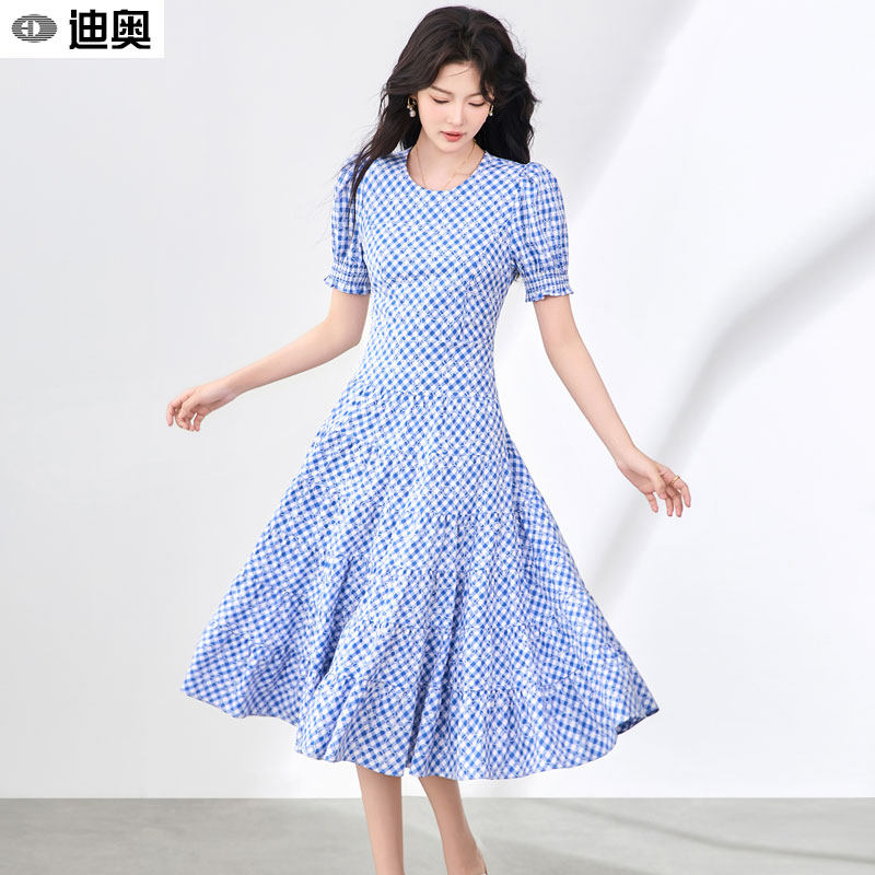 迪奥夏季连衣裙女2026新款法式清新格纹中长裙气质显瘦短袖A字裙