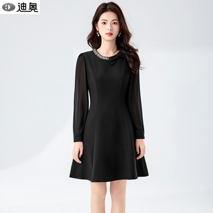 迪奥25秋冬新款女神范轻奢钉钻雪纺拼接法式简约收腰高品质连衣裙