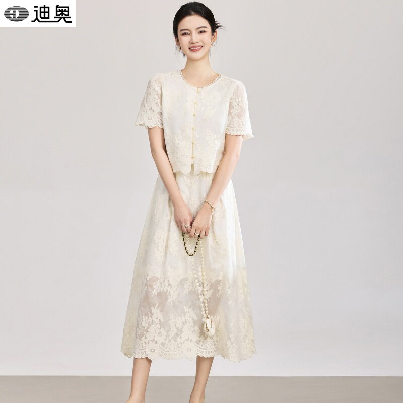 迪奥夏季法式绣花套装裙2026新款气质天丝棉刺绣优雅减龄两件套女