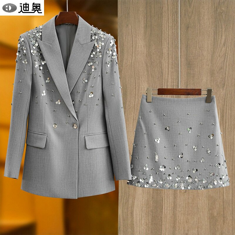 迪奥西装短裙套装女2026春秋款重工钉亮片时尚气质宴会主持两件套