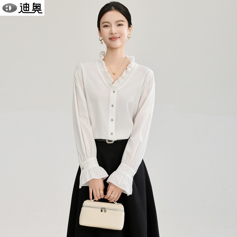 迪奥早春法式长袖衬衫女高级感百搭优雅气质木耳边浪漫喇叭袖衬衣