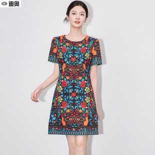 迪奥复古民族风连衣裙女夏25新款 高级小众设计感遮肉显瘦A字裙子