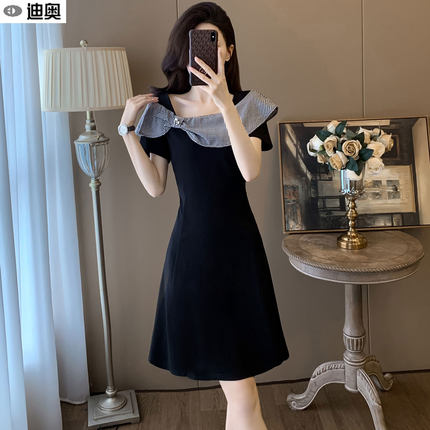 迪奥夏季连衣裙女25新款气质赫本风格子拼接短袖中长裙法式A字裙