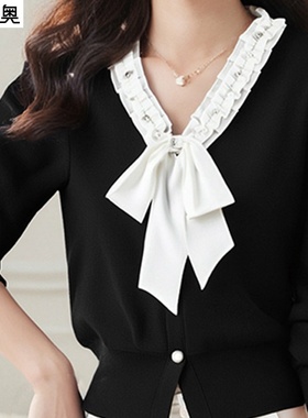 迪奥小香风V领绑带针织衫女黑色长袖高级感钉珠时尚气质毛衣上衣