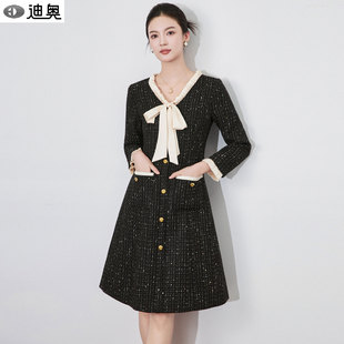 中长裙 高级感亮片编织粗花呢长袖 迪奥早秋法式 小香风连衣裙25新款