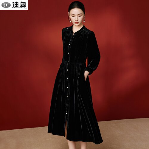 迪奥气质通勤桑蚕丝丝绒连衣裙女