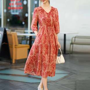 迪奥夏季 气质V领收腰显瘦印花桑蚕丝中长裙 真丝连衣裙女2026新款