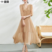 法式 迪奥真丝连衣裙女25夏季 新款 气质收腰桑蚕丝长裙温柔风大摆裙