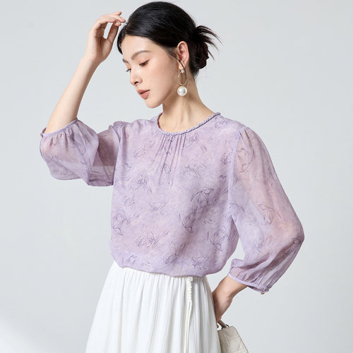 迪奥浪漫有意境真丝印花衬衫女夏