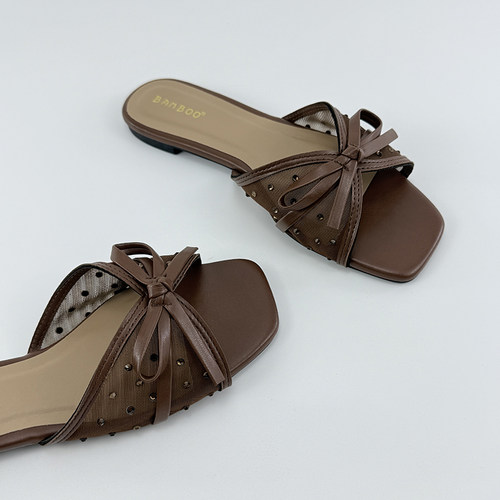 蝴蝶结网纱拖鞋女2025新款露趾外穿舒适一字拖网面水钻平底拖凉鞋