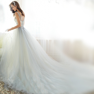 Deep V collar lace Halter large tail Princess Bride Wedding Dress