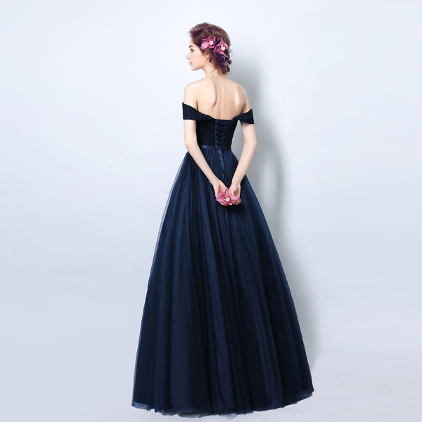 Nobility deep blue one character shoulder wedding evening dinner party stage performance long wedding dress