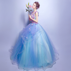 Blue flowers deep V brides wedding dresses long dinner party wedding dress wedding dress