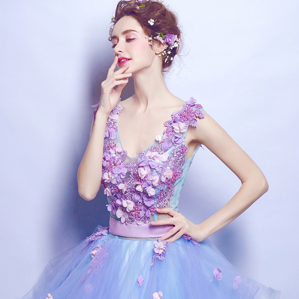 Blue flowers deep V brides wedding dresses long dinner party wedding dress wedding dress