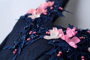 Blue Pink tapered lace nailed flower petals and a short dress of