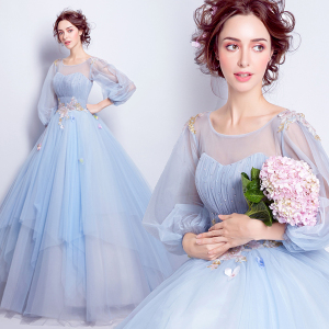 Blue long sleeved wedding dinner party annual meeting show host wedding dress