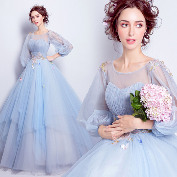 Blue long sleeved wedding dinner party annual meeting show host wedding dress