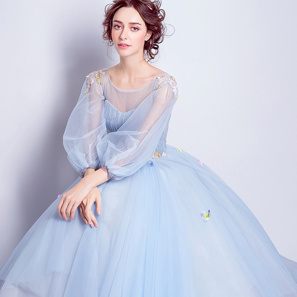 Blue long sleeved wedding dinner party annual meeting show host wedding dress