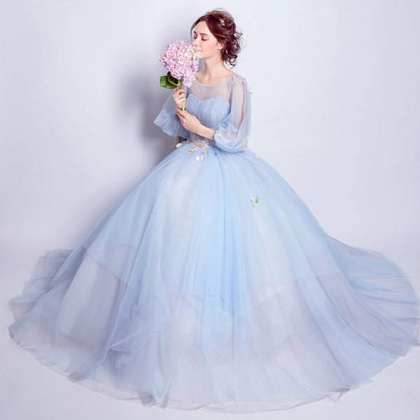 Blue long sleeved wedding dinner party annual meeting show host wedding dress