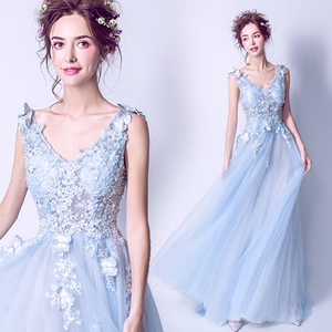 Sexy deep V collar blue lace butterfly bride wedding dress toast and bridesmaid suit