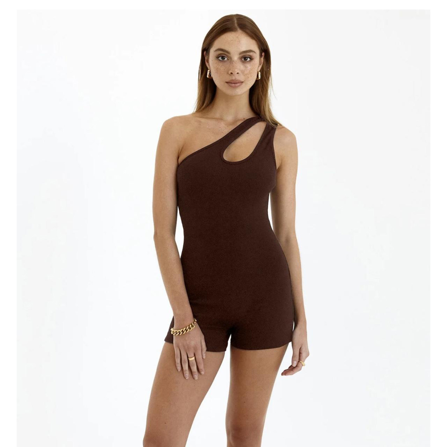 澳洲单SN@DYS性感辣妹斜肩镂空运动连体服纯色弹力紧身显瘦连体衣