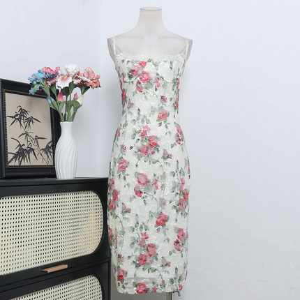 美国单法式气质复古蕾丝印花吊带裙性感露背修身显瘦吊带连衣裙女