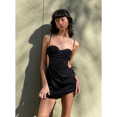 澳洲单PP小众设计性感辣妹蕾丝拼接镂空露腰修身吊带连衣裙A7-1