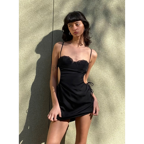 澳洲单PP小众设计性感辣妹蕾丝拼接镂空露腰修身吊带连衣裙A7-1