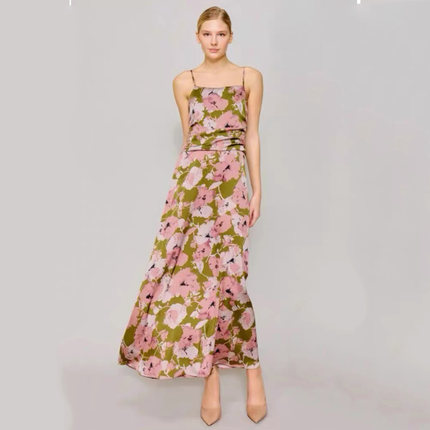欧美单气质复古缎面碎花吊带裙收腰显瘦海边度假沙滩长裙连衣裙女