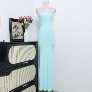 连衣裙A4 包臀长款 欧美单小众设计性感辣妹纯色吊带长裙弹力修身