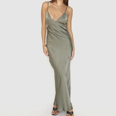 澳洲单SN#YS高级感丝滑缎面性感V领露背收腰显瘦长款吊带连衣裙