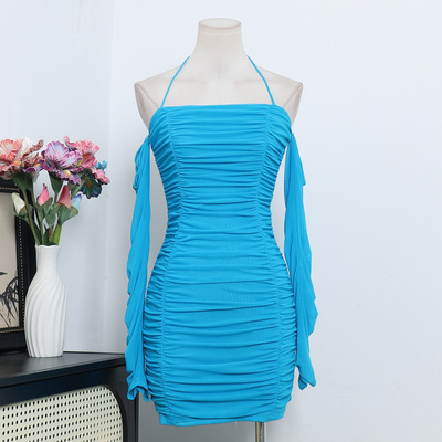 澳洲单小众设计设计性感辣妹网纱褶皱挂脖露背修身包臀连衣裙A3-1