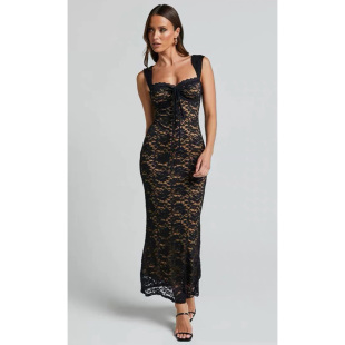 连衣裙A2 显瘦长款 气质方领性感露背蕾丝吊带长裙修身 欧美单法式