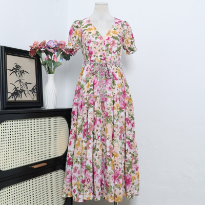 澳洲单法式气质复古性感V领花卉印花收腰显瘦长款连衣裙A3-1