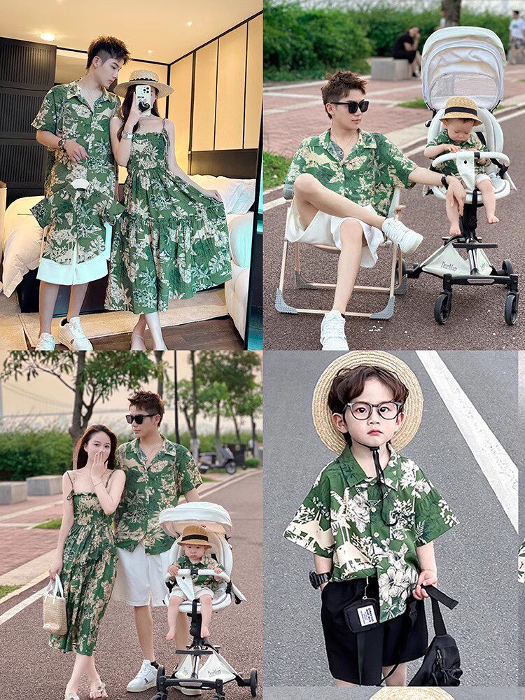 해변 휴가 해변 부모-자식 복장 여름 세 가족 꽃무늬 쉬폰 드레스 루즈한 셔츠 모녀 모자 복장