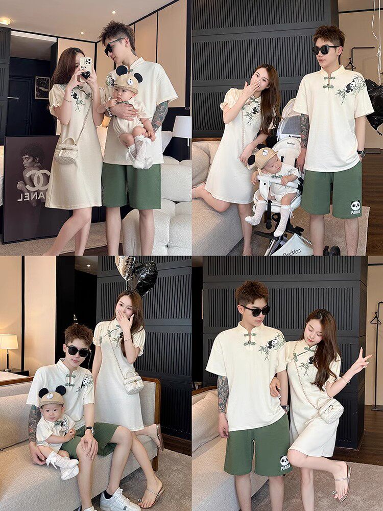 세 명의 가족을 위한 중국식 부모-자식 의류 여름 치파오 드레스 당나라 정장 반팔 티셔츠 어머니-딸  가족 의류