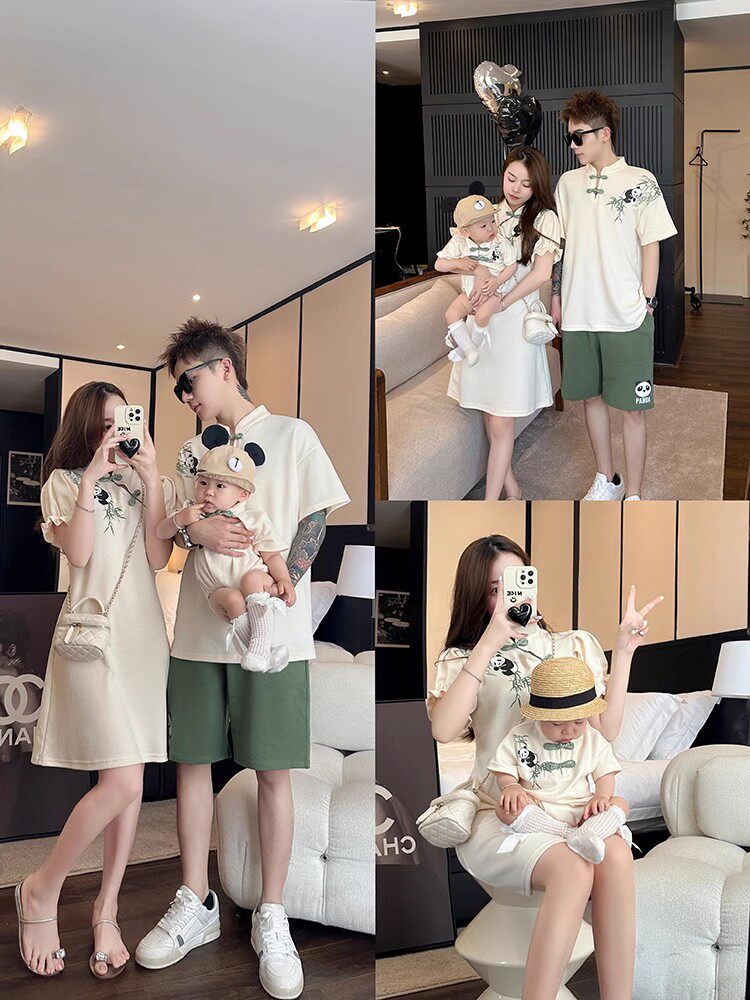 세 명의 가족을 위한 중국식 부모-자식 의류 여름 치파오 드레스 당나라 정장 반팔 티셔츠 어머니-딸  가족 의류