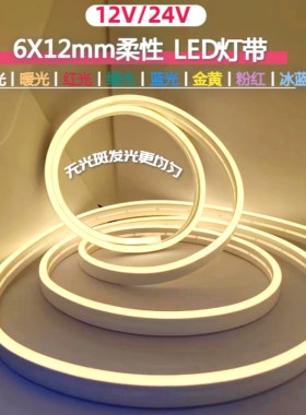 12V/24V6X12mm户外防水白光暖光红绿蓝金黄粉红柔性霓虹LED软灯带