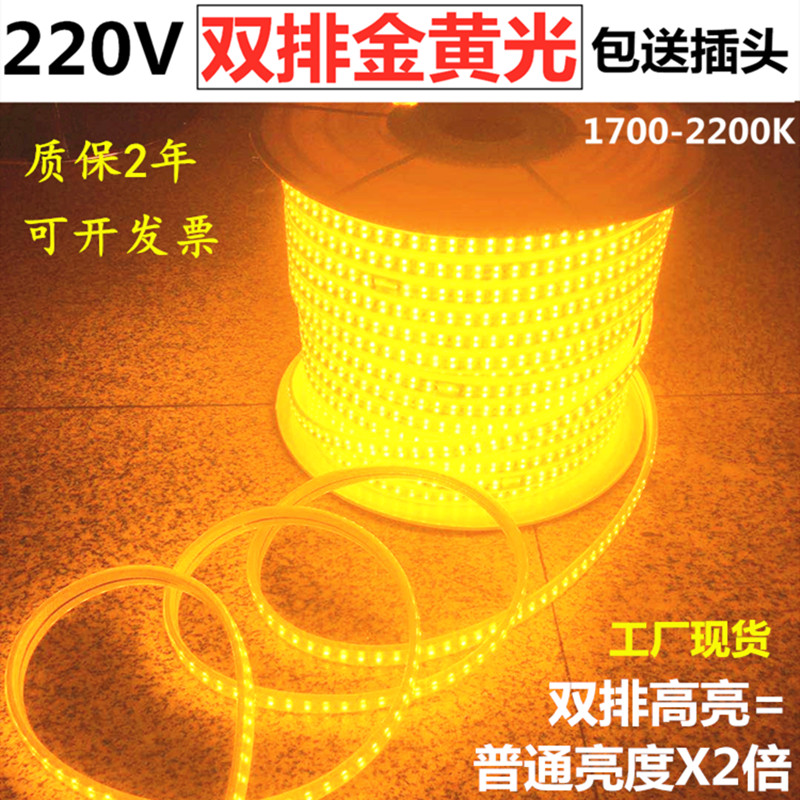 超亮金黄光灯带220V2835双排180珠高亮金黄色LED灯条户外防水吊顶 家装灯饰光源 室外LED灯带 原图主图