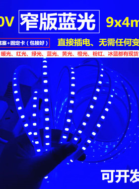 高压窄版蓝光灯带220V2835蓝色9x4mm宽防水灯条红绿蓝黄家装吊顶